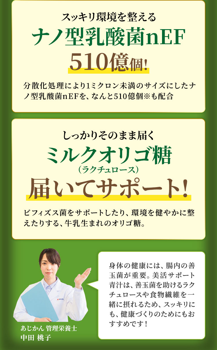 スッキリ環境を整える「ナノ型乳酸菌nEF」510憶個！　しっかりそのまま届く「ミルクオリゴ糖（ラクチュロース）」届いてサポート！