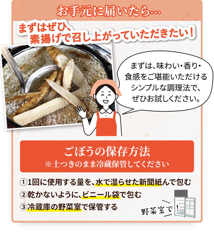 ごぼうの保存方法　①1回に使用する料を、水で湿らせた新聞紙で包む　②乾かないように、ビニール袋で包む　③冷蔵庫の野菜室で保管する